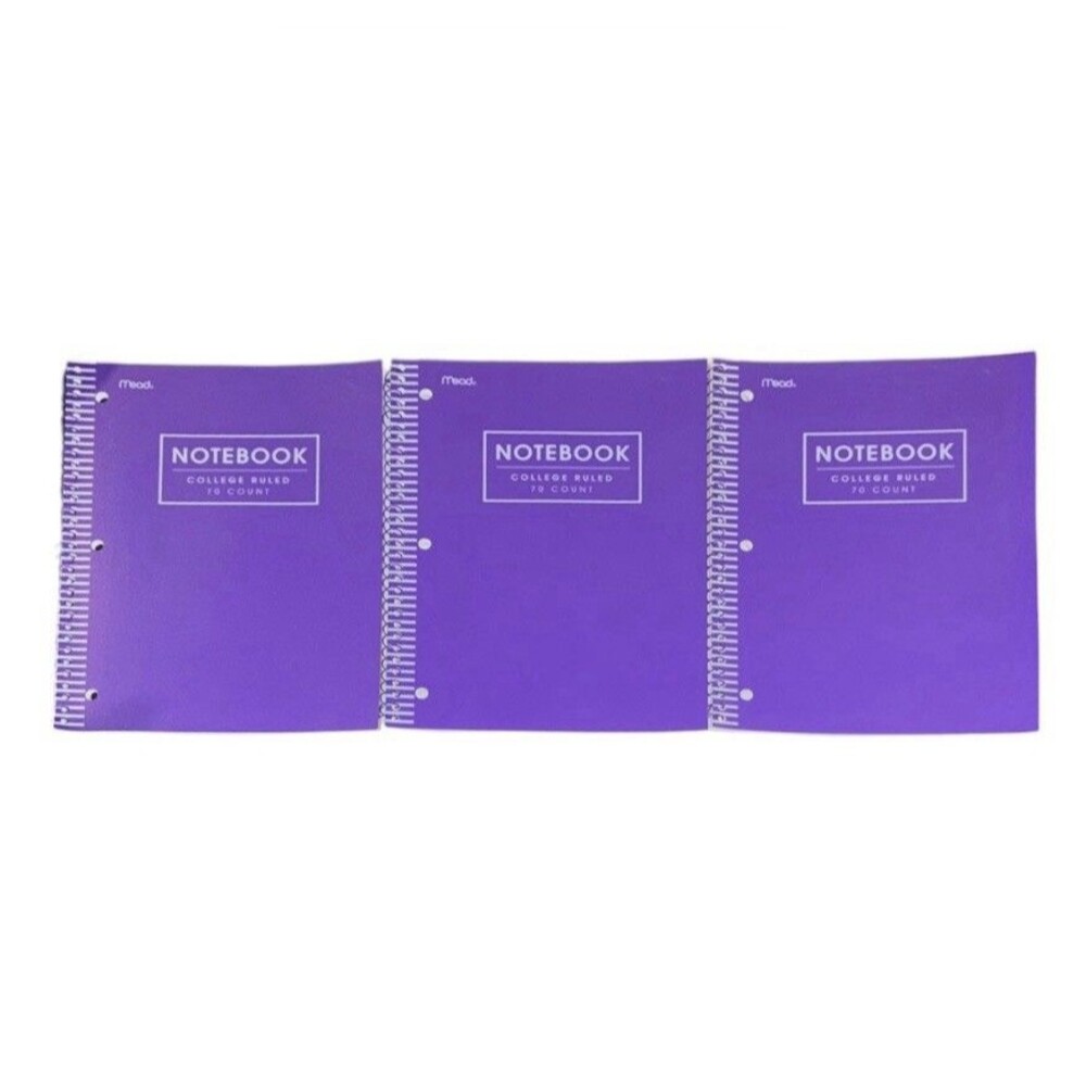 3x Mead College Ruled Spiral Notebook 70 Sheets Each Purple